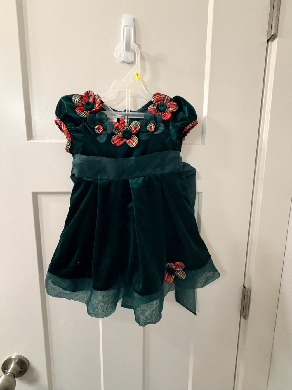 Bonnie Jean Emerald Green Velvet Holiday Flower Dress with Plaid Accents